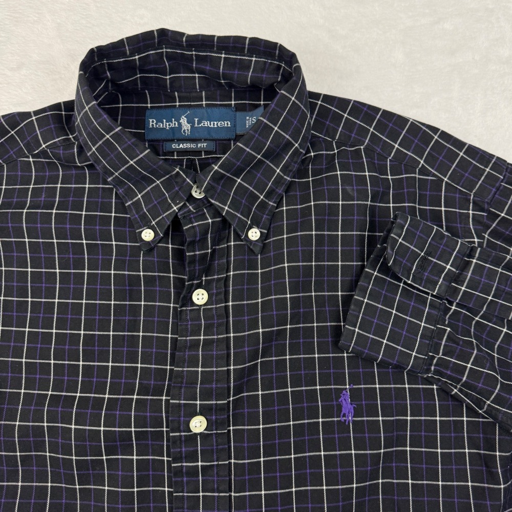 Ralph Lauren Classic Fit Mens Small Black Purple Grid Plaid Button Down Shirt